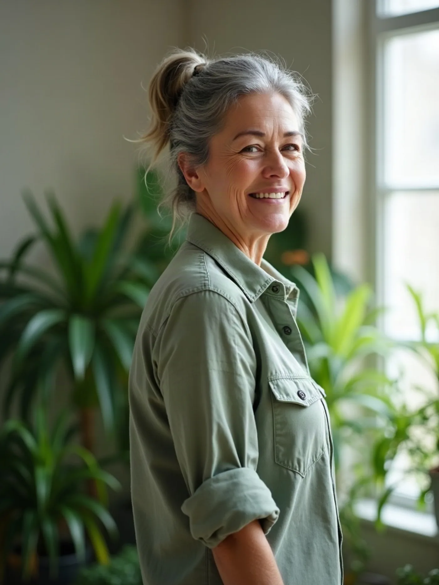 Smiling woman with grey hair standing among house plants