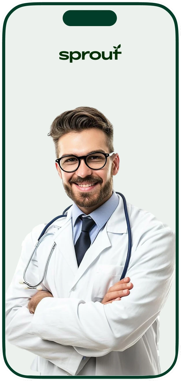 Clinician holding a tablet next to Sprout vials